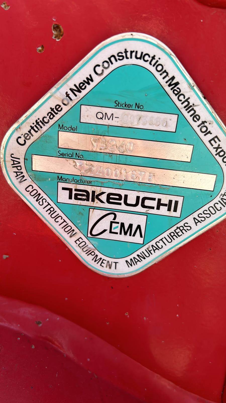 2016 Takeuchi TB240 Mini Excavator-Hours: 2,132