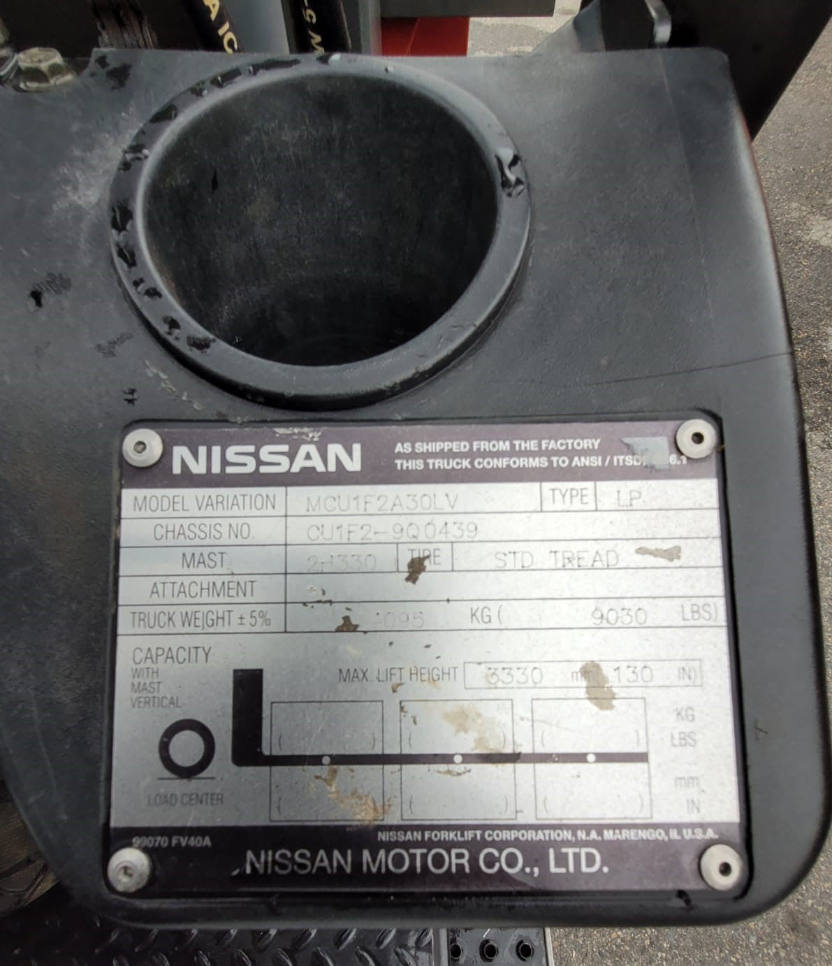 Nissan MCU1F2A30LV Forklift w/Tygard Claw TC500 Rotating Clamp Attachment