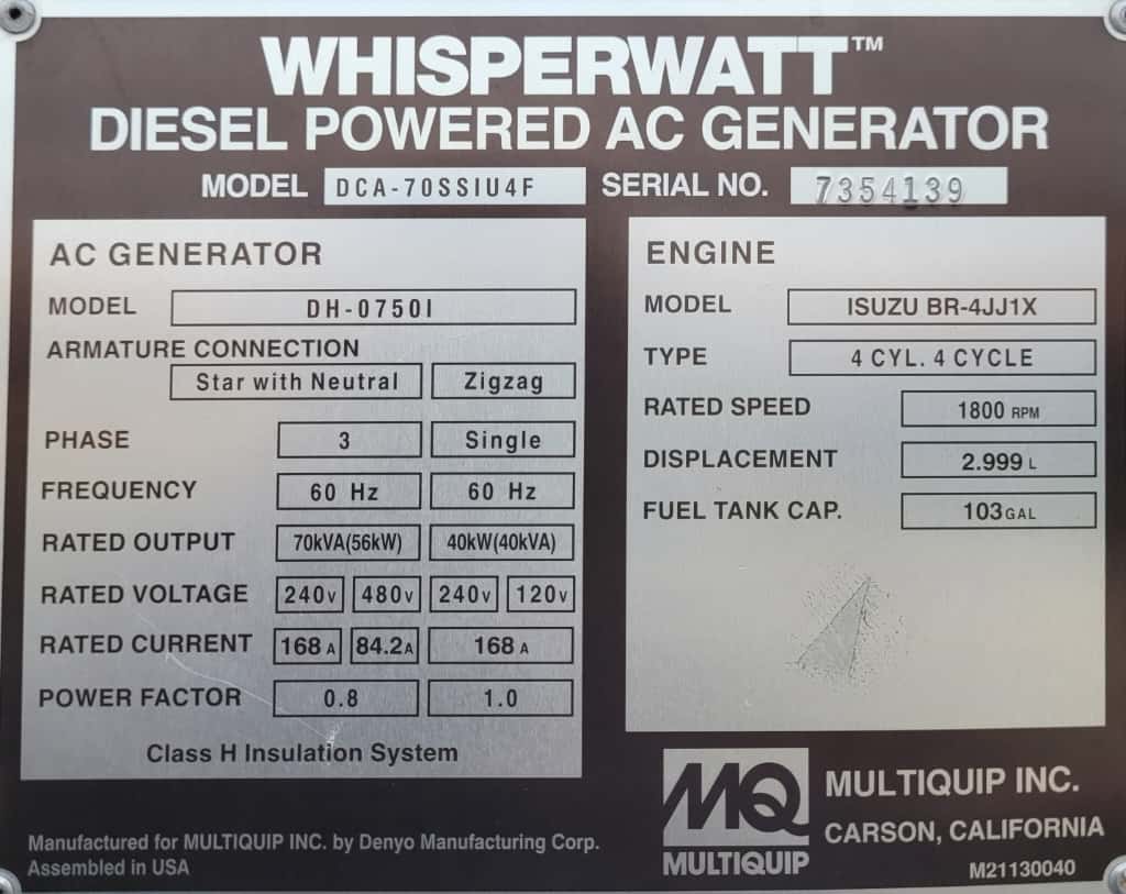 2017 MQ Whisperwatt DCA70SSIU4F Towable Generator-70kva