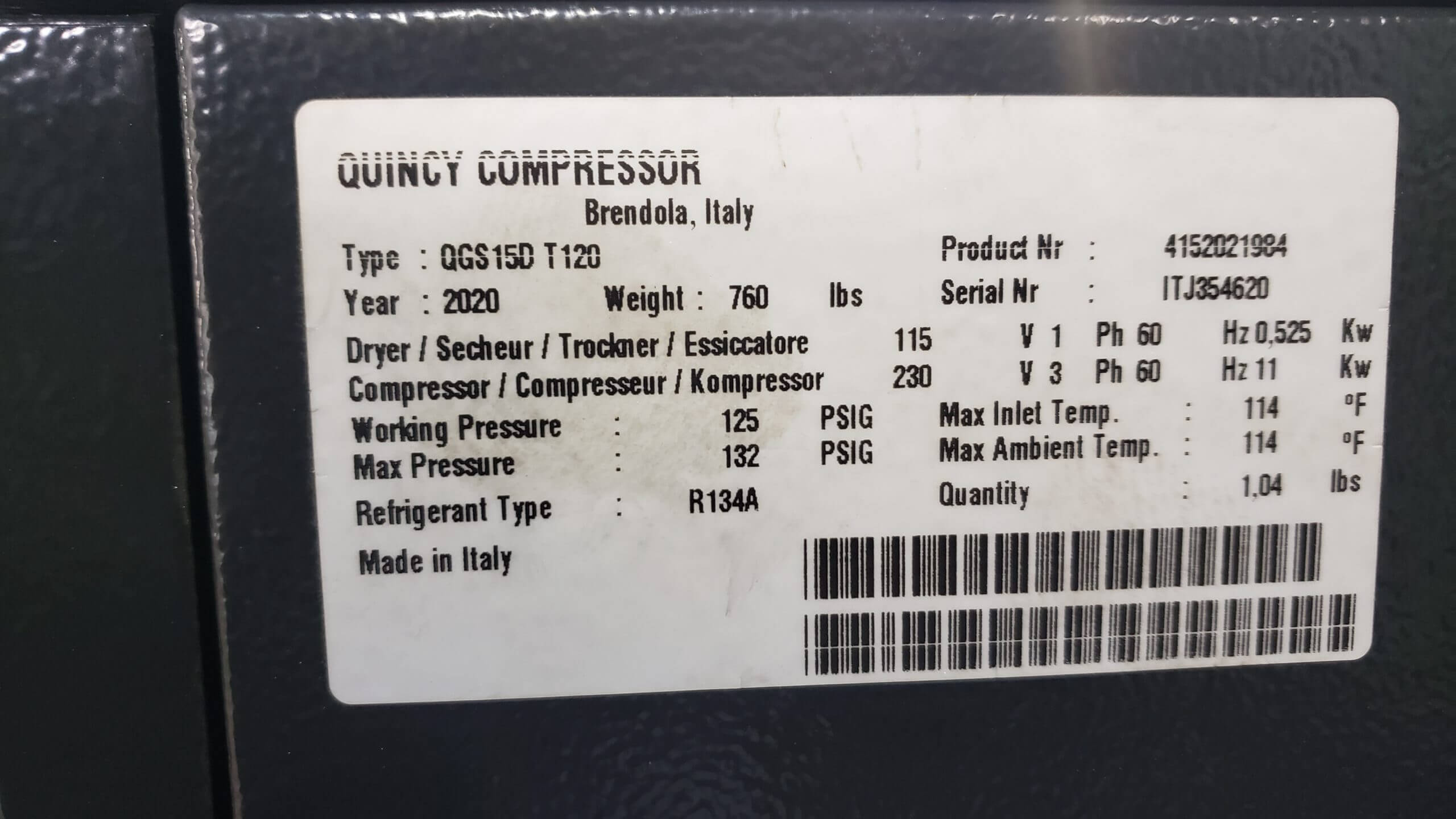 2020 Quincy QGS-15D Rotary Screw Air Compressor