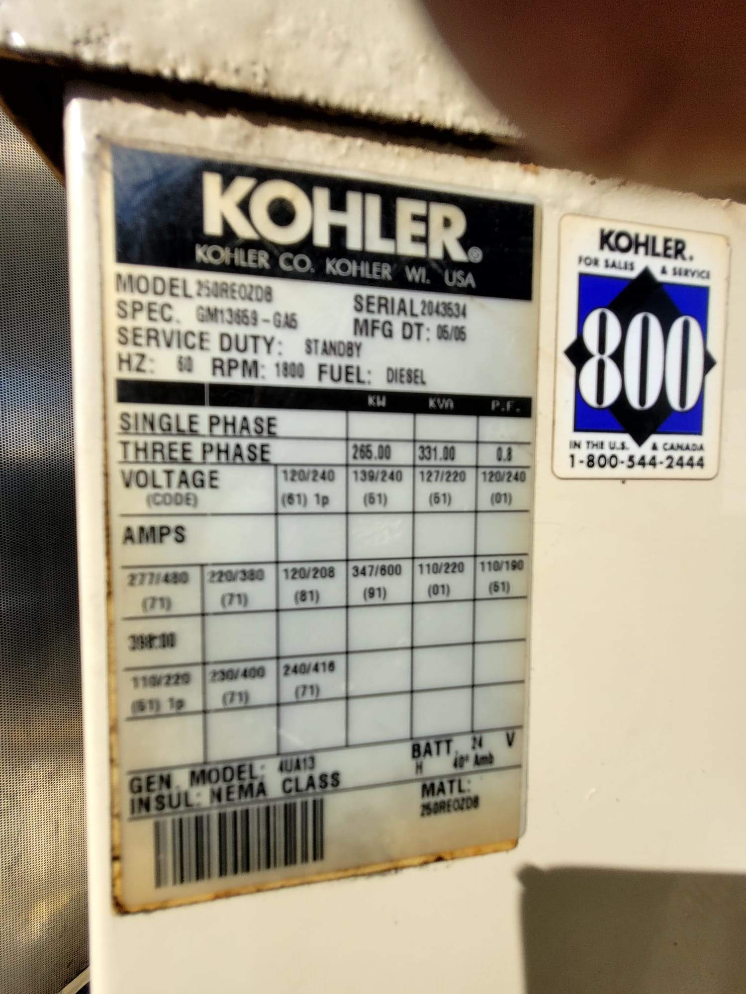 2006 Kohler 250REOZDB 250kw Towable Generator