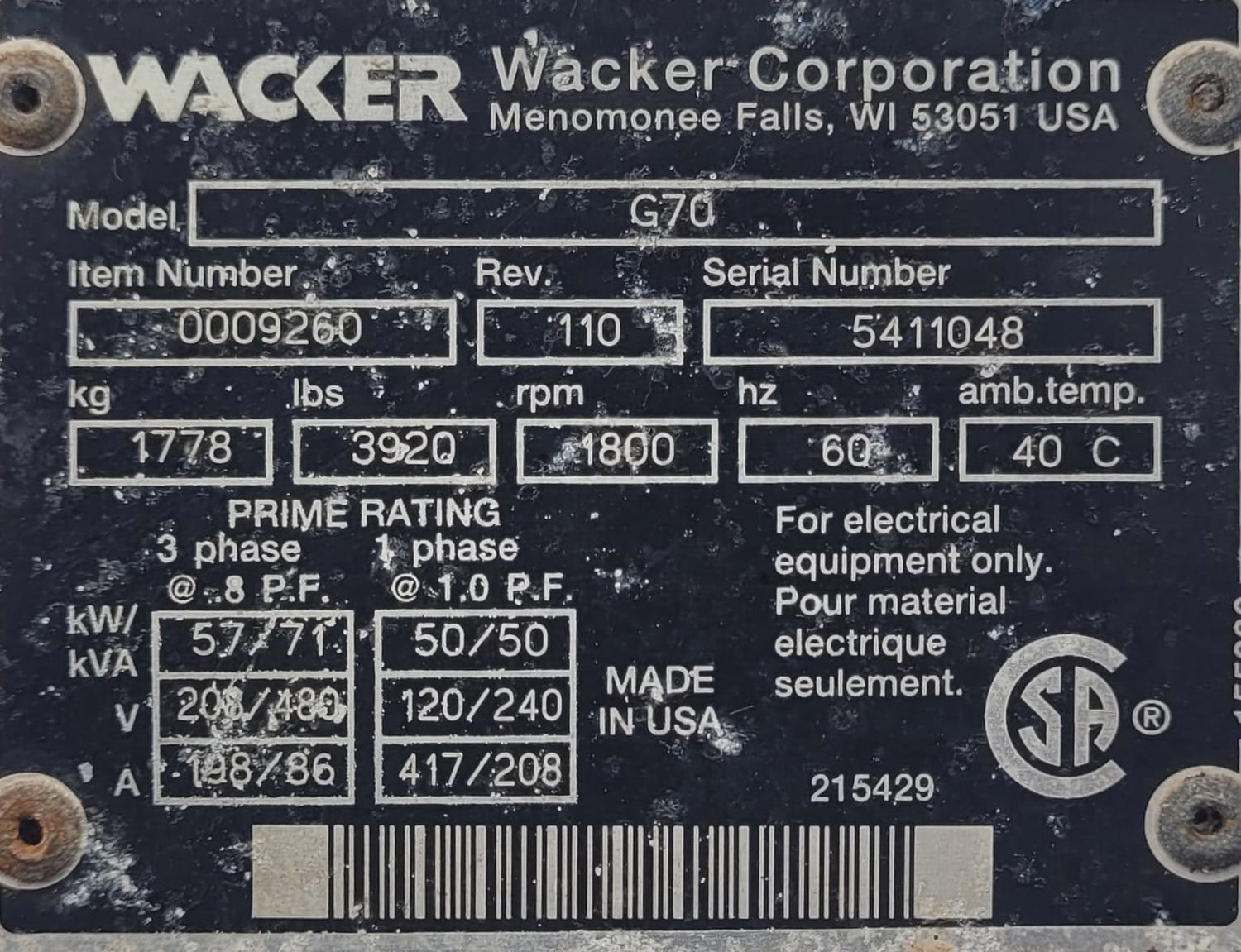 2004 Wacker Neuson G70 Towable Generator