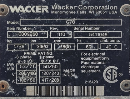2004 Wacker Neuson G70 Towable Generator