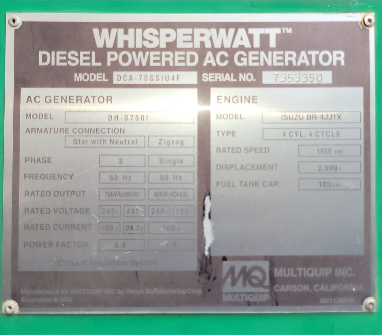 2016 MQ Whisperwatt DCA70SSIU4F Towable Generator-70kva