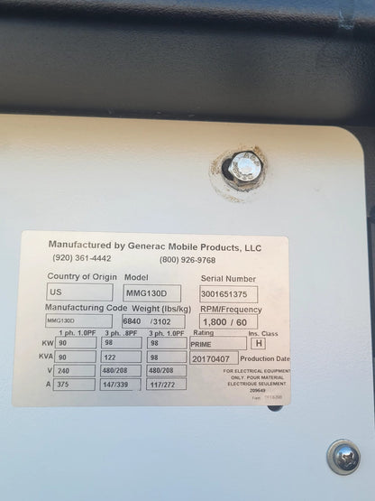 2017 Generac MMG130D Towable Generator