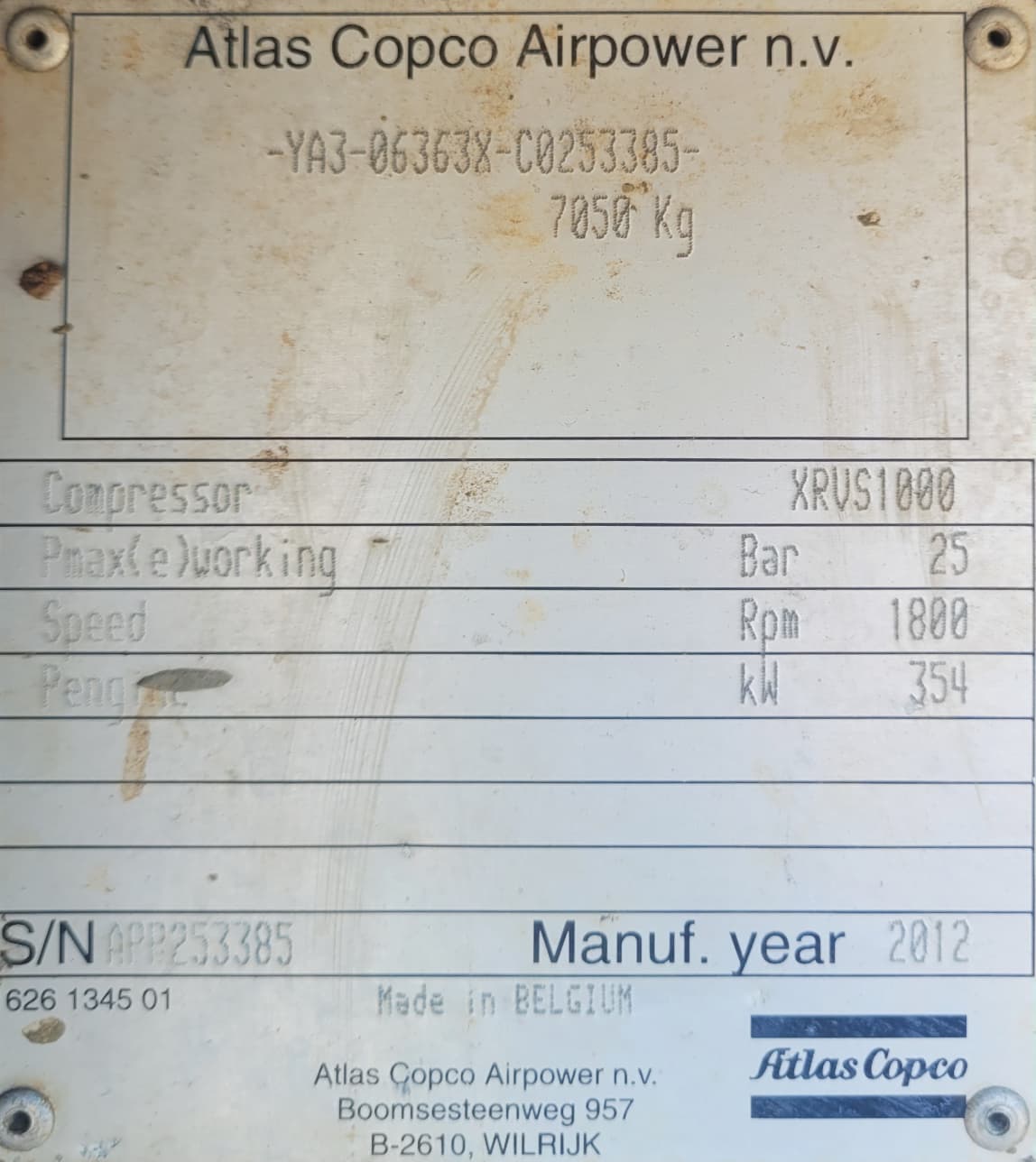 2012 Atlas Copco XRVS1000CD6 Air Compressor