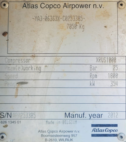 2012 Atlas Copco XRVS1000CD6 Air Compressor