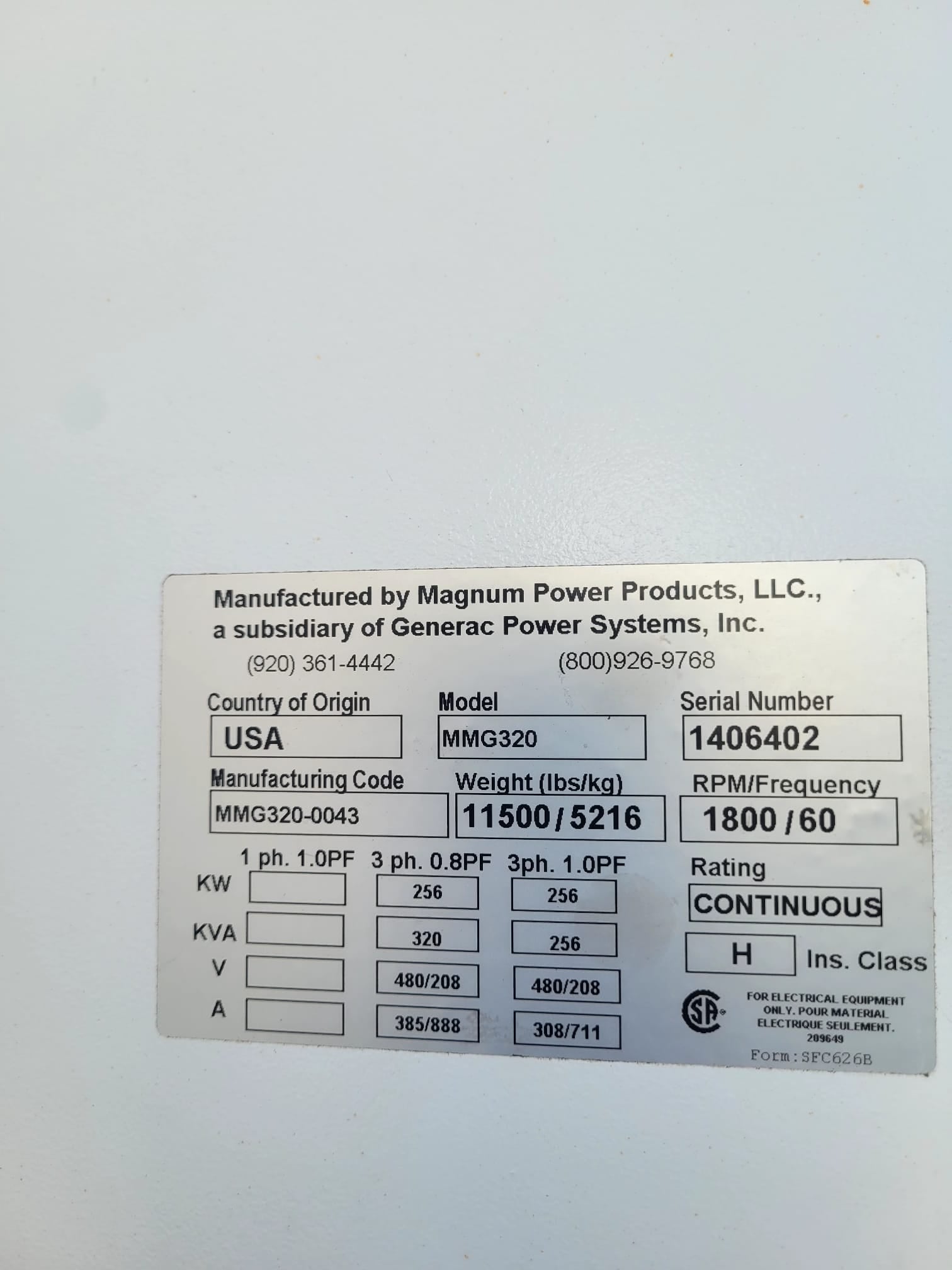 2014 Generac Magnum MMG320 Towable Generator