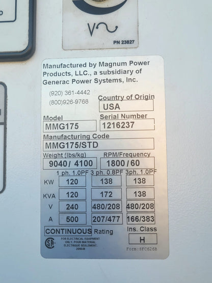 2012 Magnum MMG175 Towable Generator-Hours: 2,209