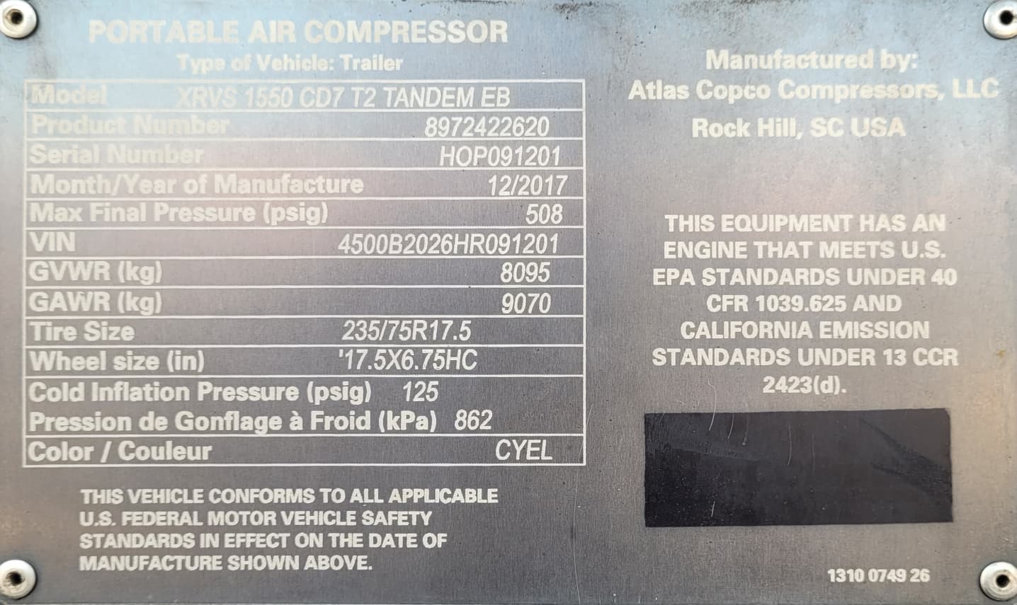 2017 Atlas Copco XRVS1550 CD7 Towable Air Compressor