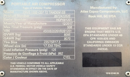 2017 Atlas Copco XRVS1550 CD7 Towable Air Compressor