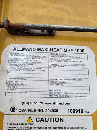 2012 Allmand Maxi Heat MH1000 Portable Heater-11,797 Hours